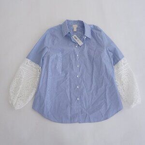 Chico's Blue White Stripe Lace Balloon Sleeve Button Up Cotton Blend Shirt 1P